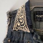 Distressed Ripped Denim Jean Jacket Vest with Crochet Details Blue Size M Photo 7