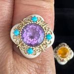 14K RARE Yellow Gold Bezel Amethyst Turquoise Quatrefoil White Agate Ring S 6.5 Photo 1