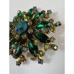 Vintage Emerald Green Aurora Borealis Rhinestone Flower Brooch Pin Photo 2