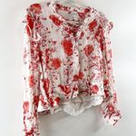 Maeve Floral Print Long-Sleeve Lace-Up Ruffled Sheer Blouse White Red Small P Photo 4