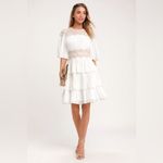 Lulus Westwind White Lace Pleated Tiered Chiffon Dress Crocheted Floral Top Sz L Photo 15