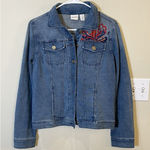 Chico's Zenergy Size 0 French Terry Indigo Jean Jacket Embroidered Floral Photo 0