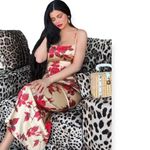 Women’s Satin Beige Red Floral Print Sleeveless Midi Dress Size L Photo 6