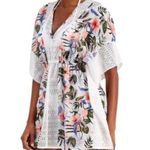 Miken Swim Cover Caftan Sheer Crochet Floral White Green Pink XS Photo 0