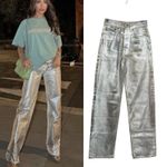 ZARA  Boy Fit Jeans‎ Boyfriend Mid Rise Button Fly Silver Metallic Size US 0 Photo 1
