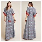 Anthropologie  Sachin + Babi Maxi Dress Size 2 Tasseled Red Blue Abstract Satin Photo 1