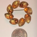 Austria Vintage Gold Tone Amber Color CZ Rhinestone Round Floral Brooch Photo 2