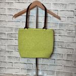 Talbots Green and Brown Woven straw Tote Bag with Leather Handles 10x13 Photo 1