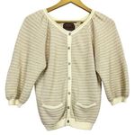 Anthropologie Linen Blend Striped Cardigan XS Gold Beige Metallic Puff Sleeves Photo 0