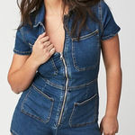 Free People  Women’s Lennox Crvy Blue Denim Shortsuit Jeans Collared Romper Sz 12 Photo 0