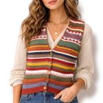 Vintage 90s Knit Sweater Vest Striped Multicolor Button Front Small Rustic Boho Red Photo 0