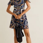 Mango  Scarf Print Crepe Mini Dress MNG Scarf Pattern Navy Size 2 NWT Photo 0