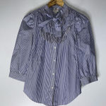 J.Crew  Thomas Mason Ruffle‎ Navy & White Striped Tie Neck Shirt Size 00 Photo 0