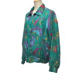 80s Lady Bear Silk All Over Print Full Zip Bomber Jacket Green Plus Size 1X Vtg Photo 1