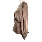 EXPRESS  Women’s Satin Crew Neck Puff Sleeve Wrap Top Brown Blouse Size Large Photo 5