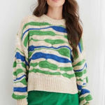 Aerie Intarsia Abstract Green and Blue Striped Sweater Photo 0