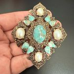 Vintage SARAH COVENTRY Faux Turquoise Pearl Cabochon Remembrance Brooch 28.5g. Silver Photo 8