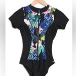Athena Next by Athena Keoki Native Palms Zip Front Short Sleeve One Piece Size L Black Size L Photo 1
