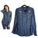 Driftwood Embroidered Button Chambray Denim Lana Shirt Ocean Dusk Size Medium Photo 1