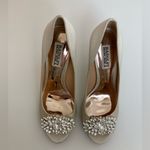 Badgley Mischka 🌸 Ivory Satin Lavender II Crystal Detail Peep Toe Heels Photo 2