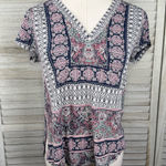 Lucky Brand  Women's Boho Linen Blend V Neck Tee Pink/Blue-XS Photo 0