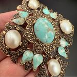 Vintage SARAH COVENTRY Faux Turquoise Pearl Cabochon Remembrance Brooch 28.5g. Silver Photo 9