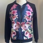 Bomber Jacket Womens Sz Large Pink Black Blue Floral Print Full Zip Photo 0