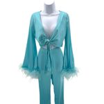 White Fox Boutique White Fox Satin Feather Trim Lounge Set Blue‎ Tie Front Top Pants Small Y2K Glam Photo 12