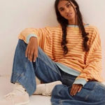 Free People New  Classic Striped Crewneck Sweatshirt Tangerine Combo‎ small Photo 0