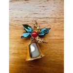 Christmas Holly & Bell Jingling Holiday Vintage‎ Enamel Gold Brooch Pin Photo 1