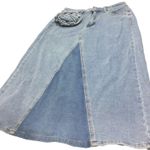 Denim Maxi Skirt Flower Detail Front Slit Light Wash A Line Vintage Look size M Blue Size M Photo 0