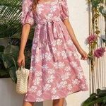 SheIn Pink White Floral Puff Sleeve A Line MIDI Dress XS Photo 0