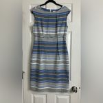 Calvin Klein Blue/Gray/White Striped Sheath Dress with Silver Belt, Size 10 Photo 6