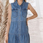 Sleeveless Denim High Waist Button front Dress Tiered Skirt Boho Western Medium Blue Photo 0