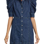 FRAME Gillian Denim Dress 4 Blue Chambray Mini Puff Short Sleeve Button Cotton Photo 0