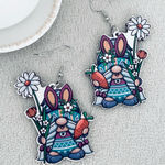 Bunny Gnome with daisies wooden earrings White Photo 0
