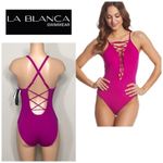 La Blanca Magenta lace up high neck. 6DD/ top. NWT Photo 1