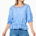Democracy NWT  Embroidered Peplum Top Crochet Trim blue XL Photo 0