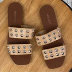 Nine West Brynli3 Studded Dual Strap Slide Sandals Tan Silver 7 Photo 0
