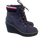 Tommy Hilfiger  Navy Wedge Suede Leather Ankle Twsolenne Bootie Heel Boots Size 6 Photo 0