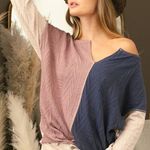 BiBi Faux Cable Knit Color Block Long Sleeve Split Neck Oversized Top Size‎ M Blue Size M Photo 0