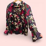 Beautiful silky olive plum plumeria floral button front blouse Haver & Blair Green Size M Photo 0