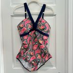 Boden Corsica One Piece Swimsuit Size 14 V Neck Paisley Navy Pink Bathing Suit Photo 2