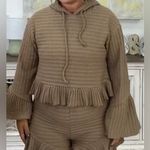 Heyson Beige Boho Chic Waffle Knit Ruffle Trim Pullover Sweater Hoodie Sz Large Tan Photo 4