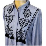 ZARA WOMAN sz SMALL Oxford Blue White Stripe Button Embroidery Tassels Photo 2