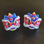 Colorful Chinese Lion lucky blue stud Dragon Mask Earrings cute small gift new Photo 0