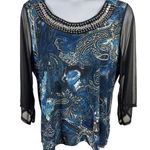 Lavish  Plus 3x Blue Paisley Beaded Sheer Sleeve Stretch Top Photo 0