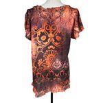 One World X-Large Top Geometric Sublimation Stretch Ruffled V-Neck Cap Sleeve Photo 5