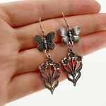 Antique Silver Butterfly Floral Dangle Earrings, Fairycore Earrings Photo 1