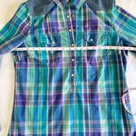 Hinge Plaid Button Down Mini Dress Top Flannel Blue Purple Green Size Medium Photo 7